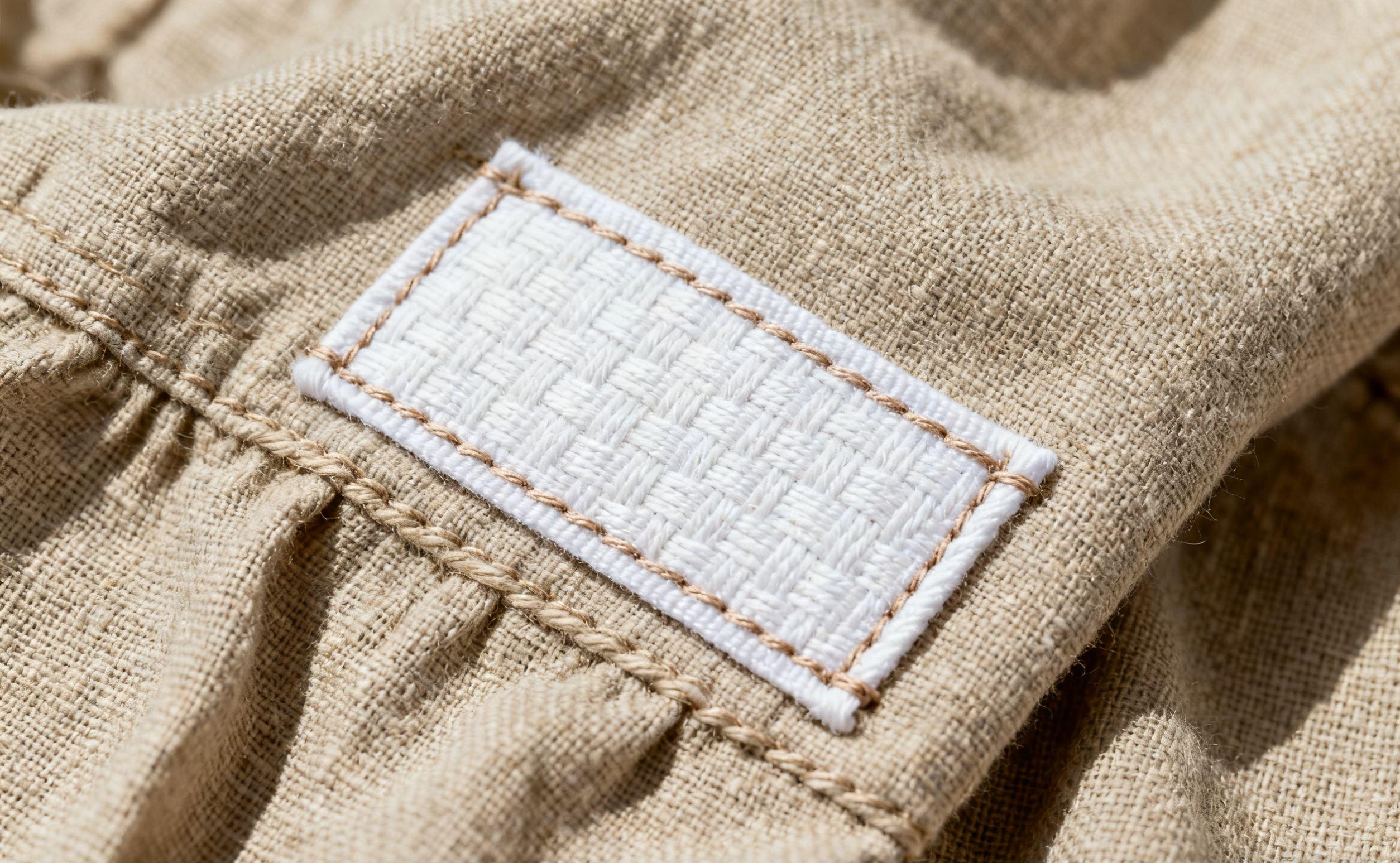  Cotton woven label on natural linen fabric emphasizing eco style.